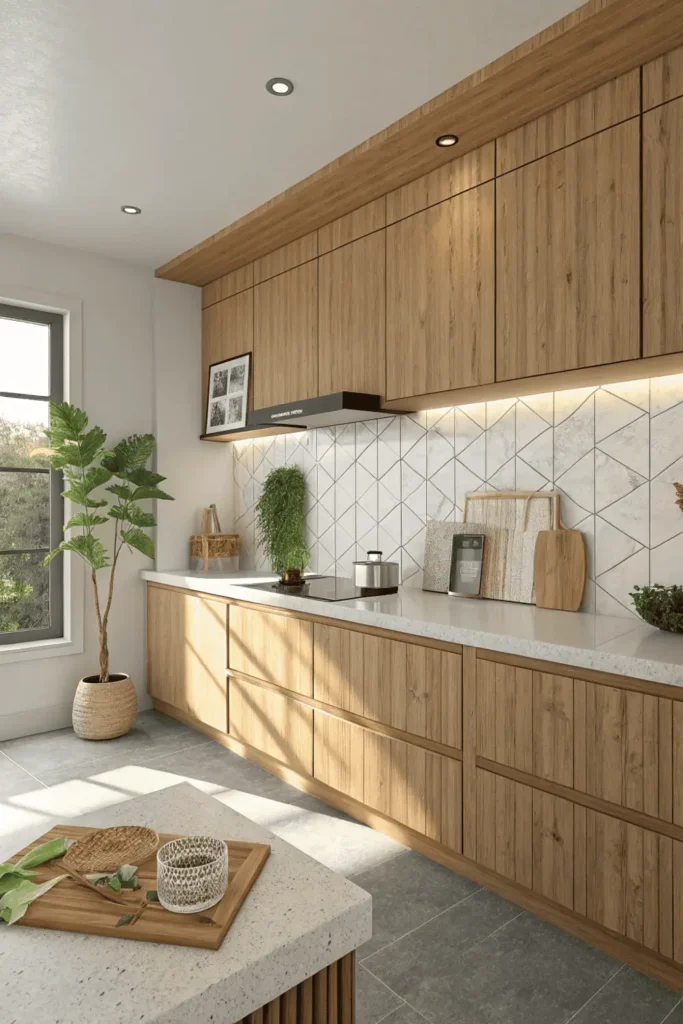 Eco-friendly 2026 kitchen remodel with bamboo cabinets, quartz countertops, and recycled glass backsplash highlighting sustainable design choices.