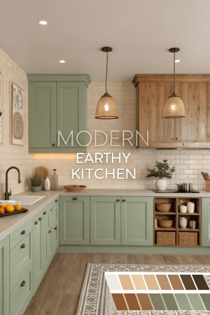 2026 modern kitchen with calming color palette including sage green cabinets, beige walls, and natural wood accents for a warm and peaceful design.