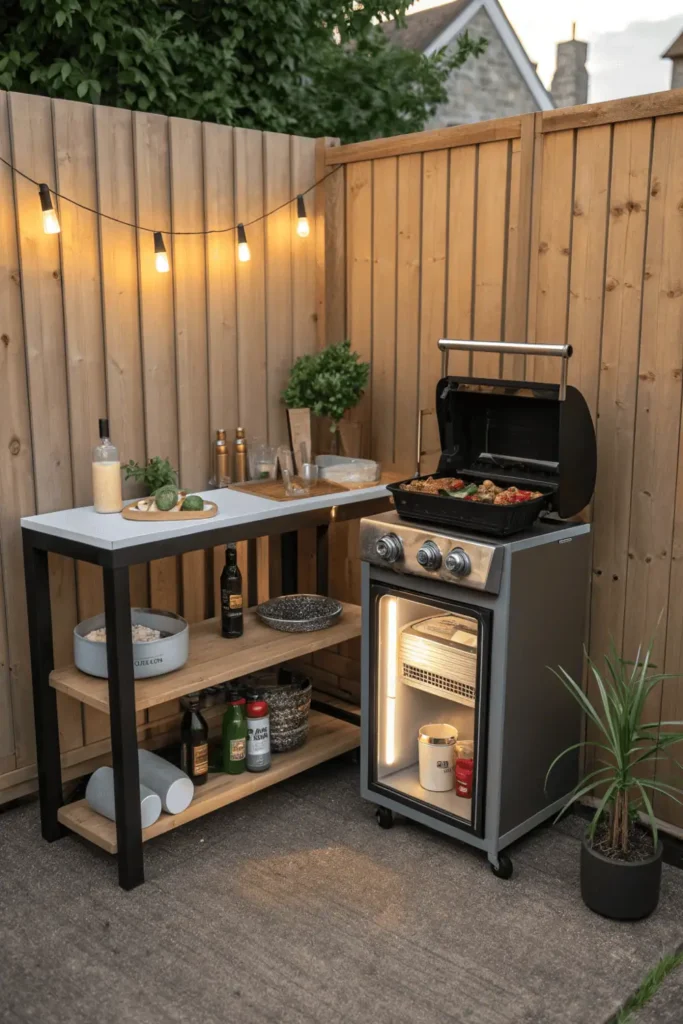 Compact BBQ outdoor kitchen with small grill and prep counter in backyard.