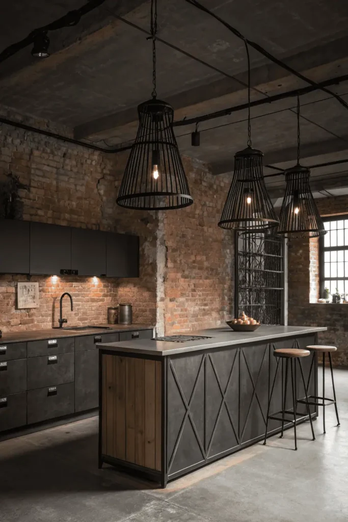 Industrial kitchen island lighting with black metal cage pendants and exposed bulbs.