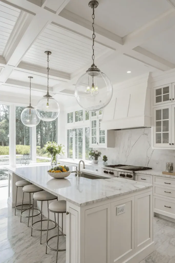 Marble kitchen island with three clear glass globe pendant lights.