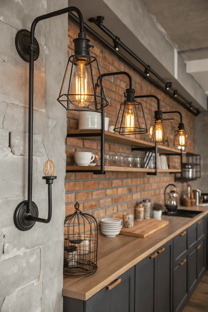 Modern industrial kitchen with cage-style wall lights mounted on exposed brick walls, glowing warmly with Edison bulbs and creating a rustic, urban atmosphere.