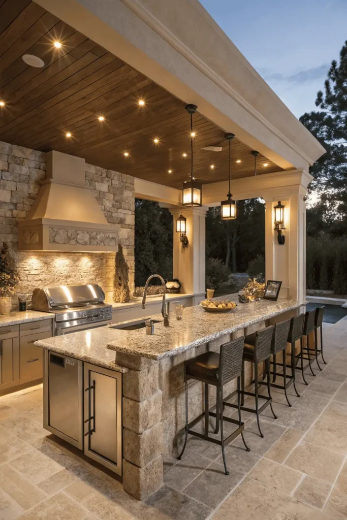 Luxury outdoor kitchen with bar seating and granite countertop.