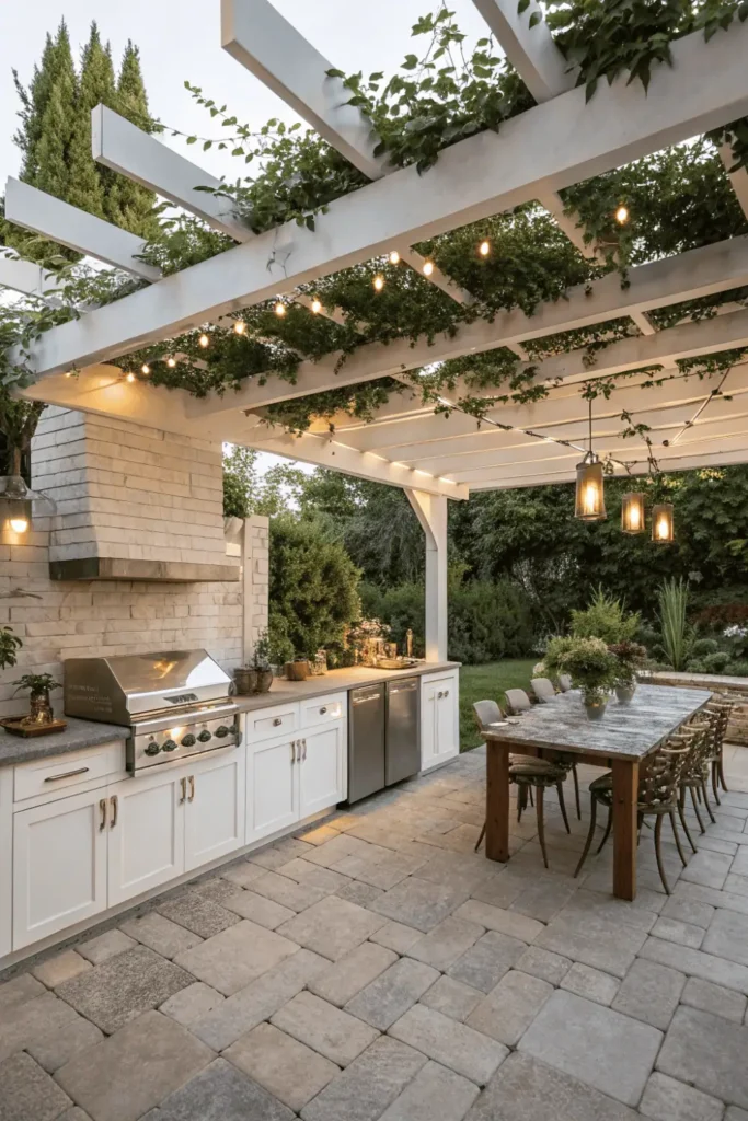 Pergola-covered outdoor kitchen with built-in grill, hanging lights, and herb shelves in garden setting
