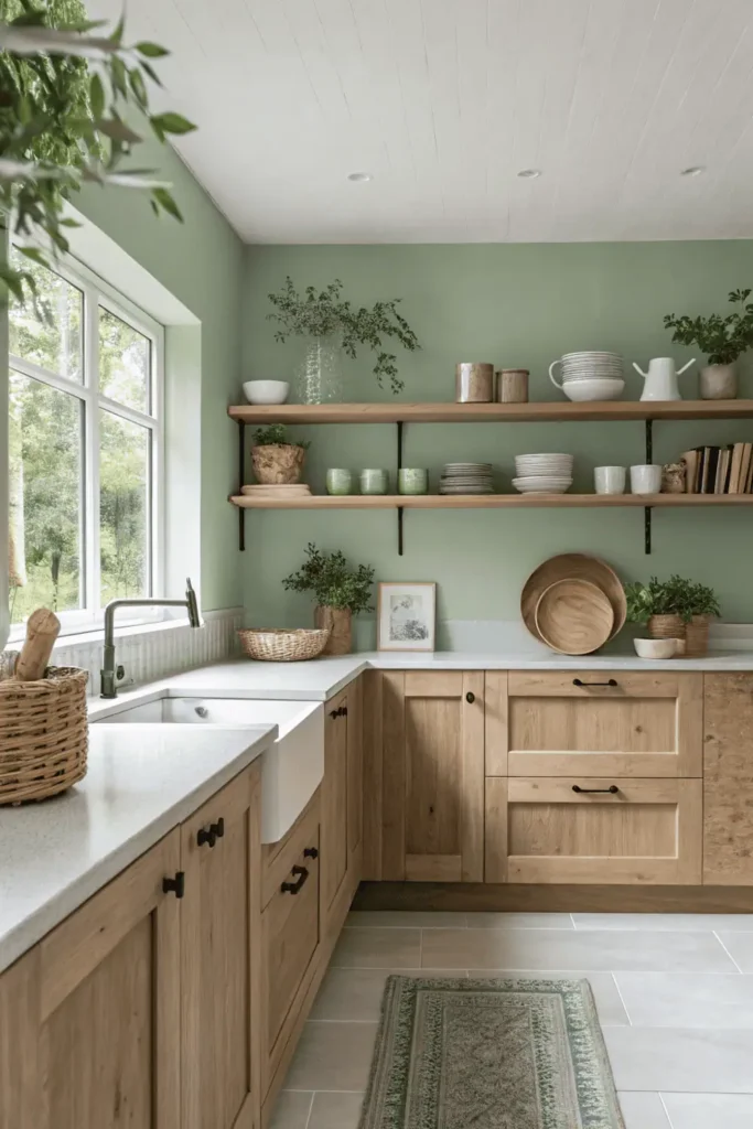 Sage green kitchen design with wooden elements and white countertops, blending natural calm with modern farmhouse elegance.