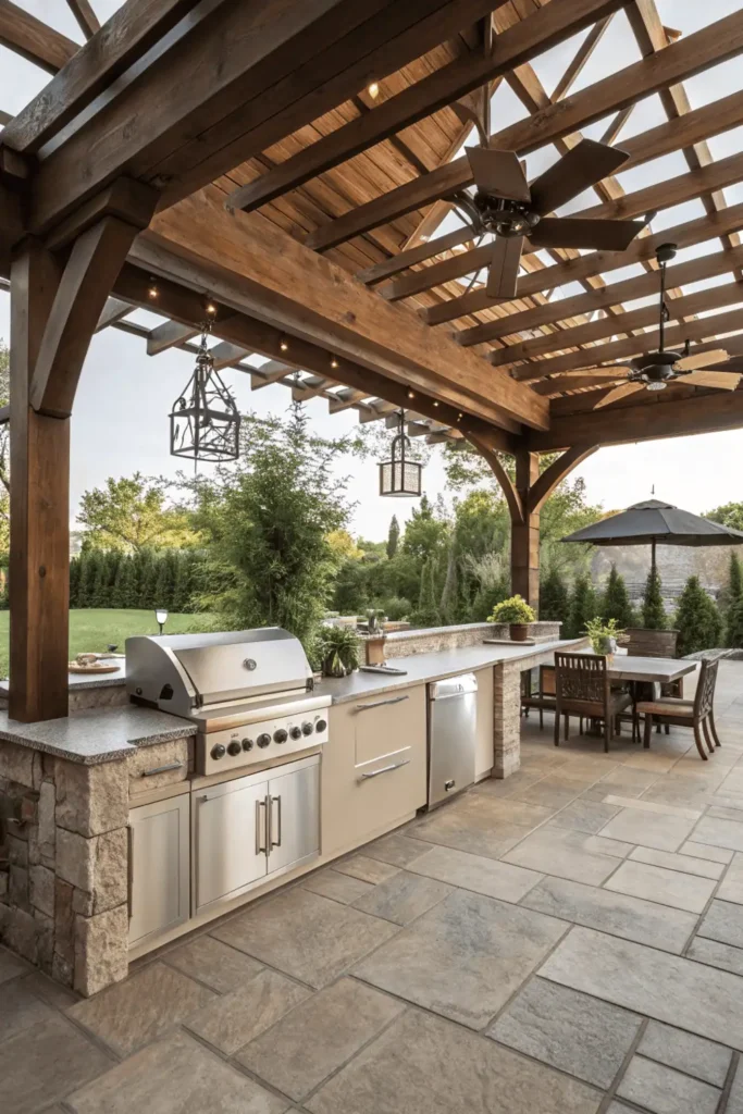 Outdoor kitchen under pergola with fans and stainless appliances.