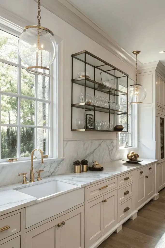 Bright modern kitchen with glass globe wall sconces above marble backsplash, casting a soft warm glow over light wood shelves and gold-accented fixtures.