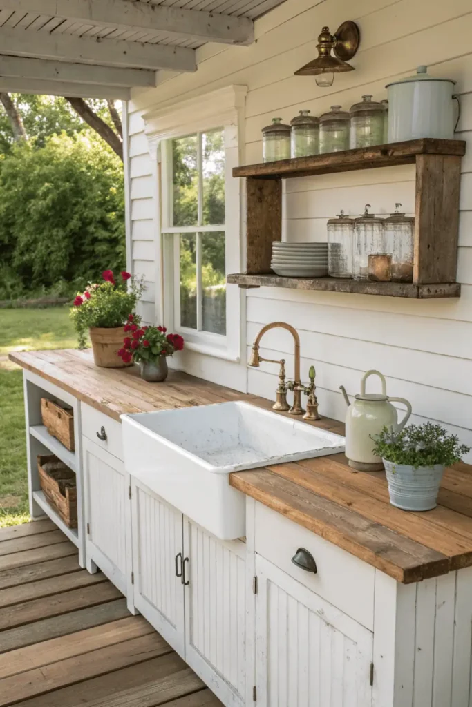 Rustic farmhouse outdoor kitchen with reclaimed wood counters and vintage sink in cottage garden