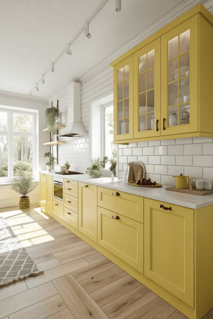 Yellow kitchen interior with bright cabinets and light wood accents, creating a cheerful and sunny cooking space.