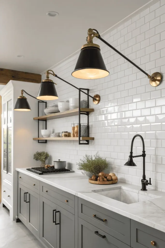 Modern kitchen with adjustable swing-arm wall lights in brass finish illuminating countertops and backsplash, creating a bright, functional, and stylish workspace.