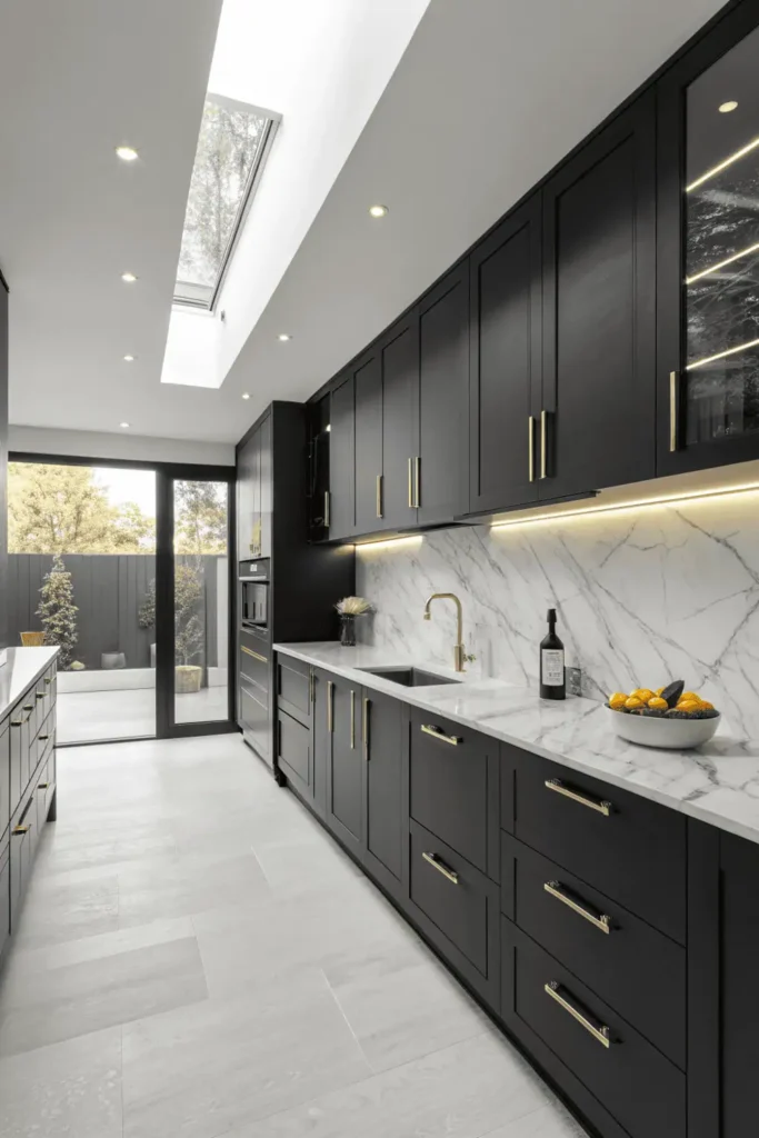 Luxurious matte black kitchen design featuring marble countertops, brass accents, and soft warm lighting for a refined look.