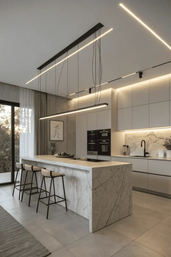 Minimalist kitchen with slim linear LED light above a marble island.