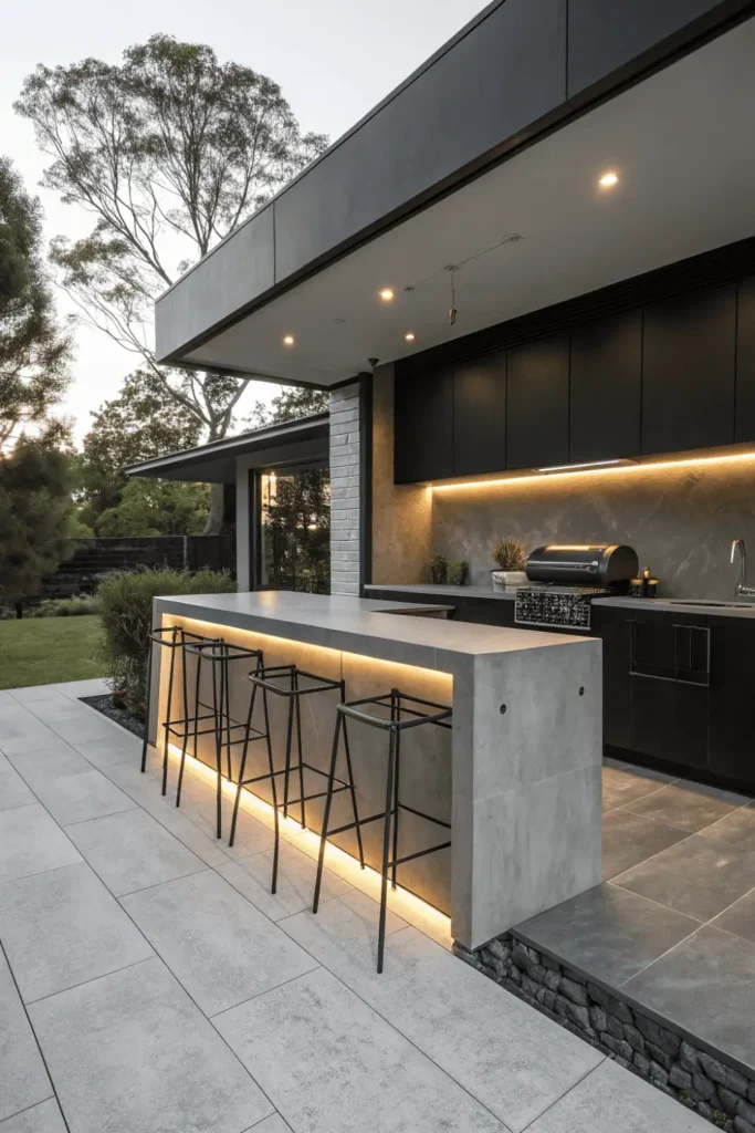 Modern minimalist outdoor kitchen bar with concrete countertops and black metal bar stools with LED lighting