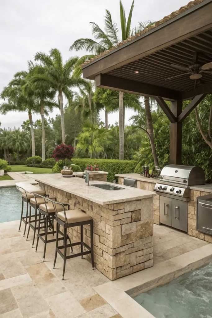 Poolside outdoor kitchen with grill and bar near swimming pool.