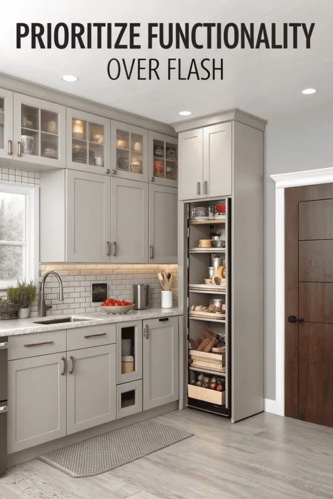 2026 kitchen remodel with deep drawers, pull-out storage, and smart layout design focused on everyday functionality over decorative flair.