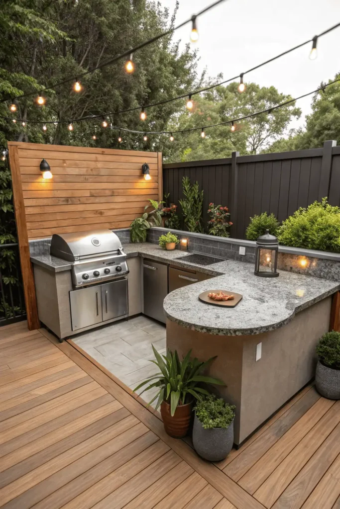 Compact corner outdoor kitchen with curved countertop and built-in grill on wooden deck with string lights