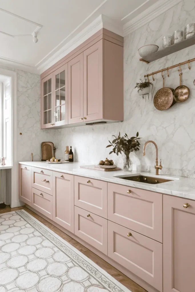 Dusty rose pink kitchen with white marble and brass fixtures, combining warmth, elegance, and feminine interior style.