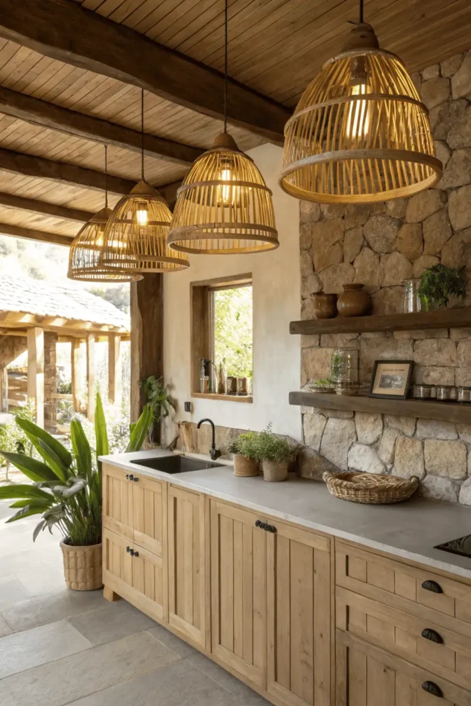 Cozy kitchen interior with bamboo wall lights glowing warmly above wooden counters and open shelves, surrounded by natural textures and green plants.
