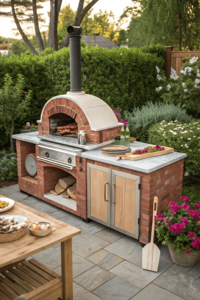 Outdoor brick pizza oven with prep table in backyard.