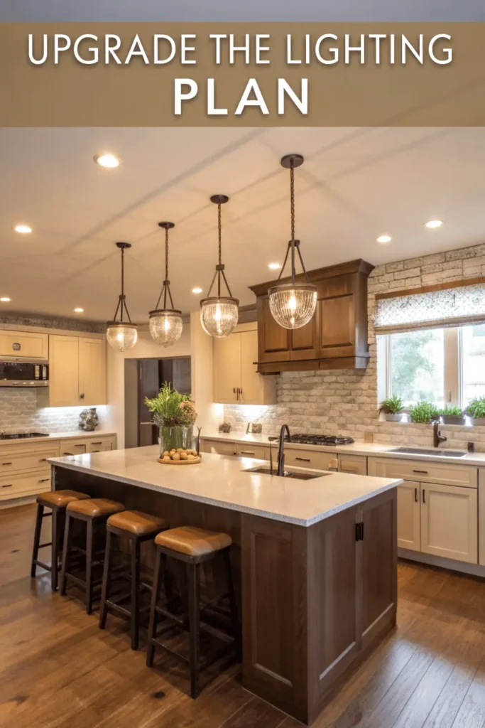 Modern 2026 kitchen with pendant lights, under-cabinet LED strips, and ceiling lighting creating a bright and cozy ambiance.