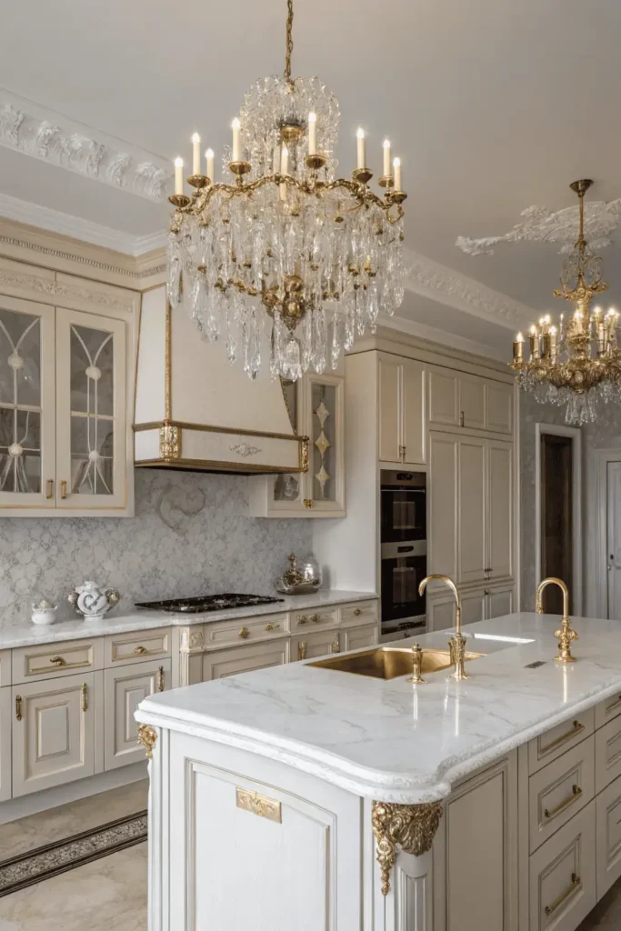 Elegant kitchen with a glass chandelier hanging above a white marble island.