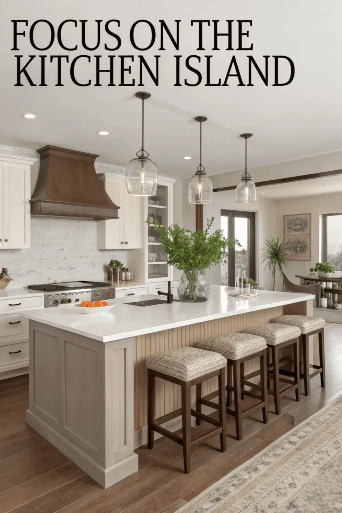 2026 modern kitchen island with quartz waterfall countertop, pendant lights, and built-in seating for functional and elegant design.
