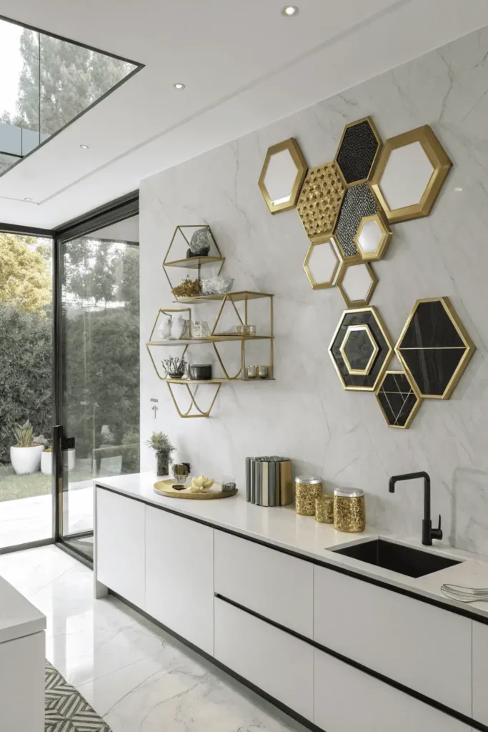 Modern kitchen interior featuring geometric wall fixtures in hexagonal and circular shapes with gold finishes, illuminating a marble backsplash in a clean, stylish setting.