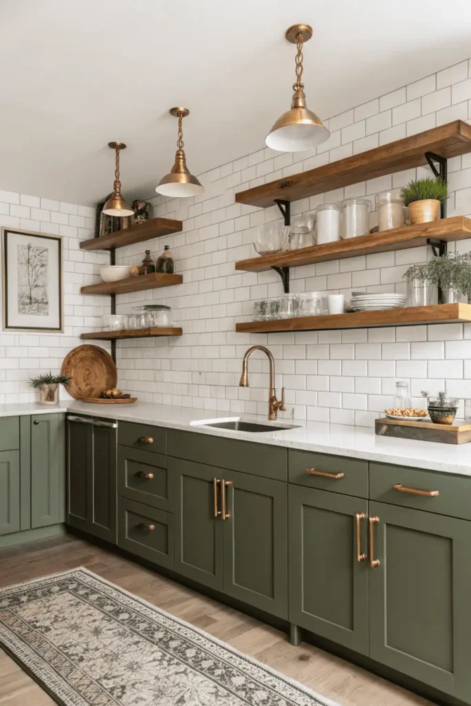 Olive green kitchen design featuring brass lighting and natural wood accents for a cozy, modern, and organic atmosphere.