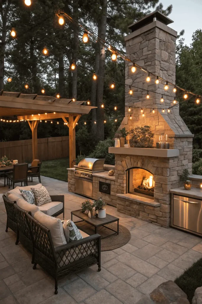 Outdoor kitchen with stone fireplace and grill under warm lighting.