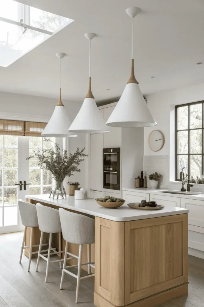 Scandinavian kitchen with white cone pendant lights over a wooden island.