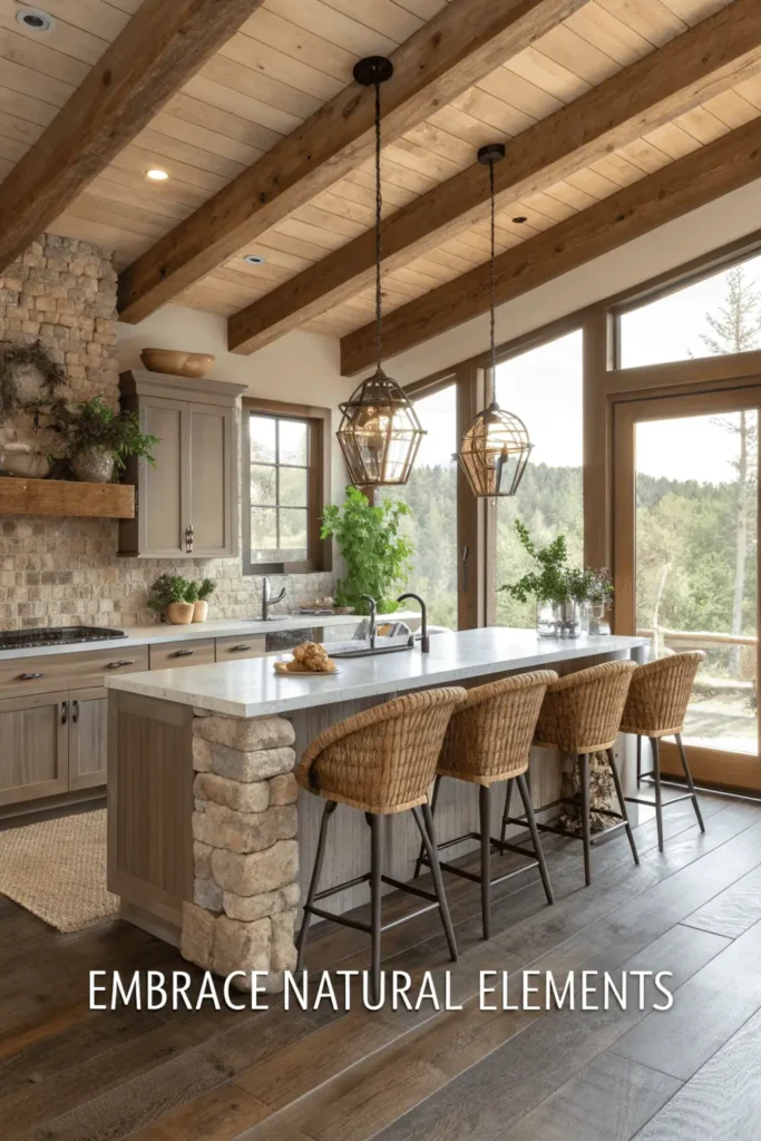 2026 nature-inspired kitchen remodel with wood beams, stone backsplash, rattan stools, and plants for a warm and earthy modern design.