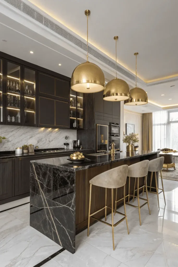 Modern kitchen island with gold dome pendant lights and dark marble countertop.