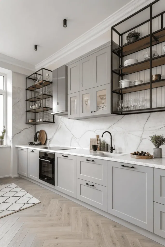 Minimalist light gray kitchen with marble countertops and black details — serene Scandinavian-inspired modern interior.