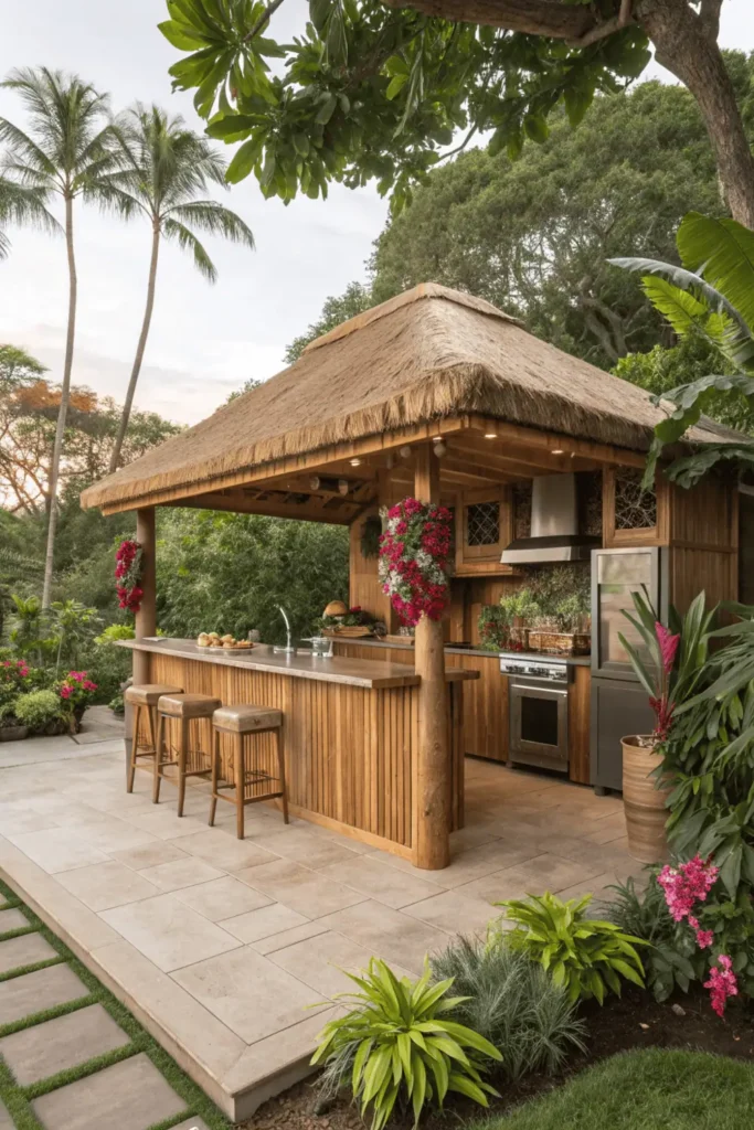 Tropical outdoor kitchen with thatched roof and tiki bar surrounded by greenery.