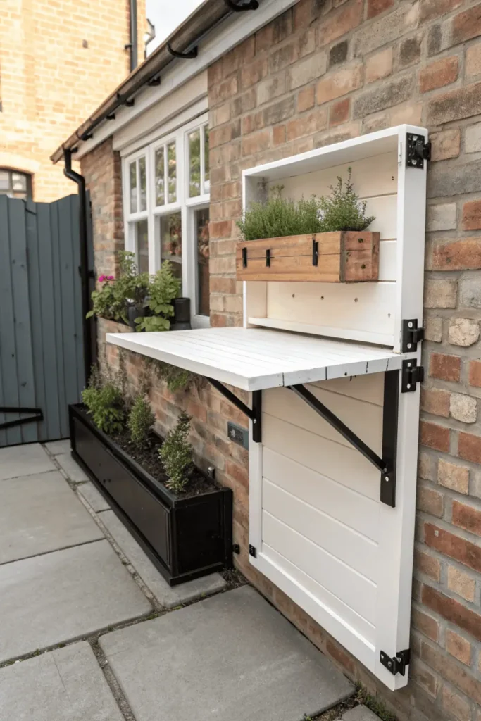 Fold-down wall-mounted outdoor kitchen counter in extended position on brick exterior wall with herb planters