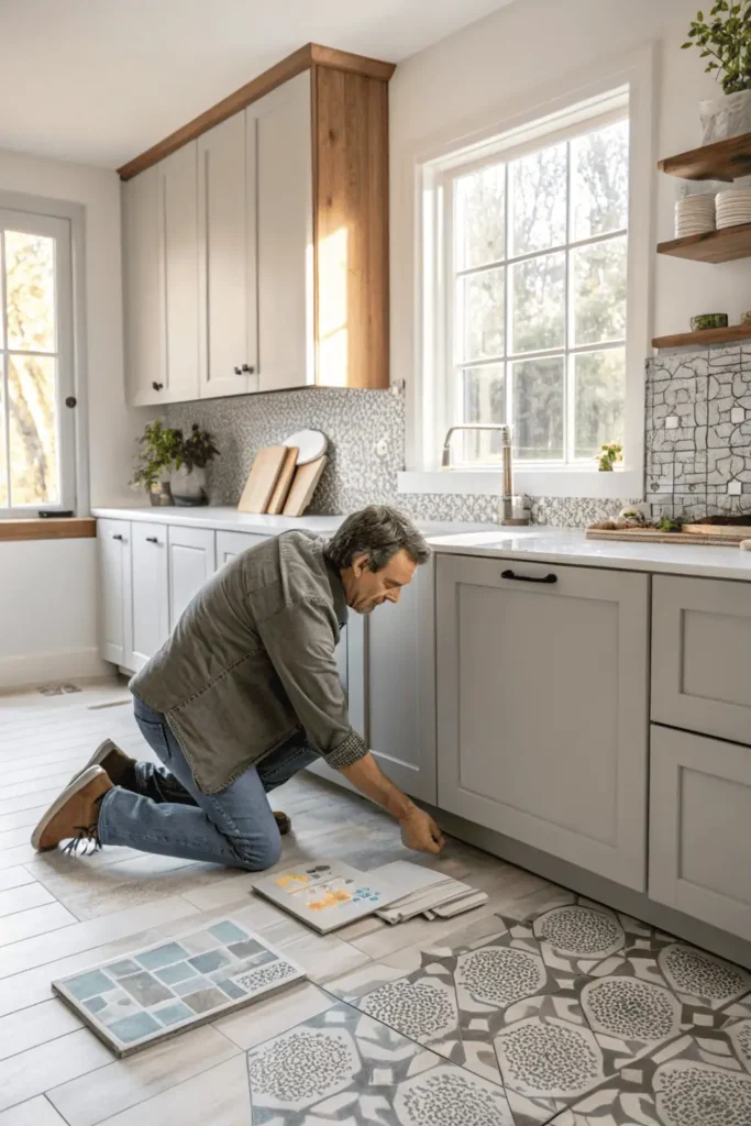 Homeowner testing kitchen tile samples on floor and backsplash under natural light to check color and lighting before installation.