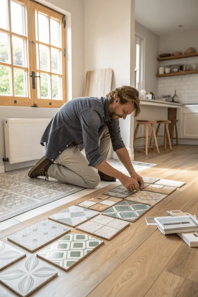 Homeowner testing kitchen tile samples on floor and backsplash under natural light to check color and lighting before installation.