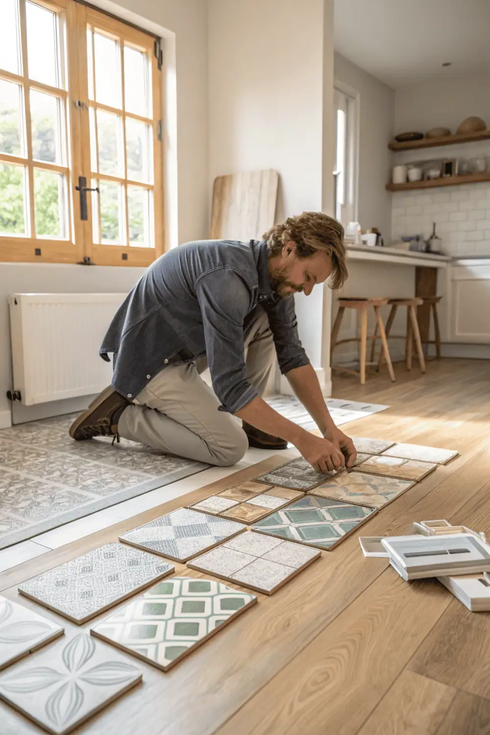 Homeowner testing kitchen tile samples on floor and backsplash under natural light to check color and lighting before installation.