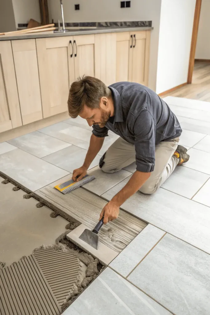 Installer applying thinset adhesive with a notched trowel and setting tiles on a kitchen floor using spacers for accurate alignment and secure bonding.