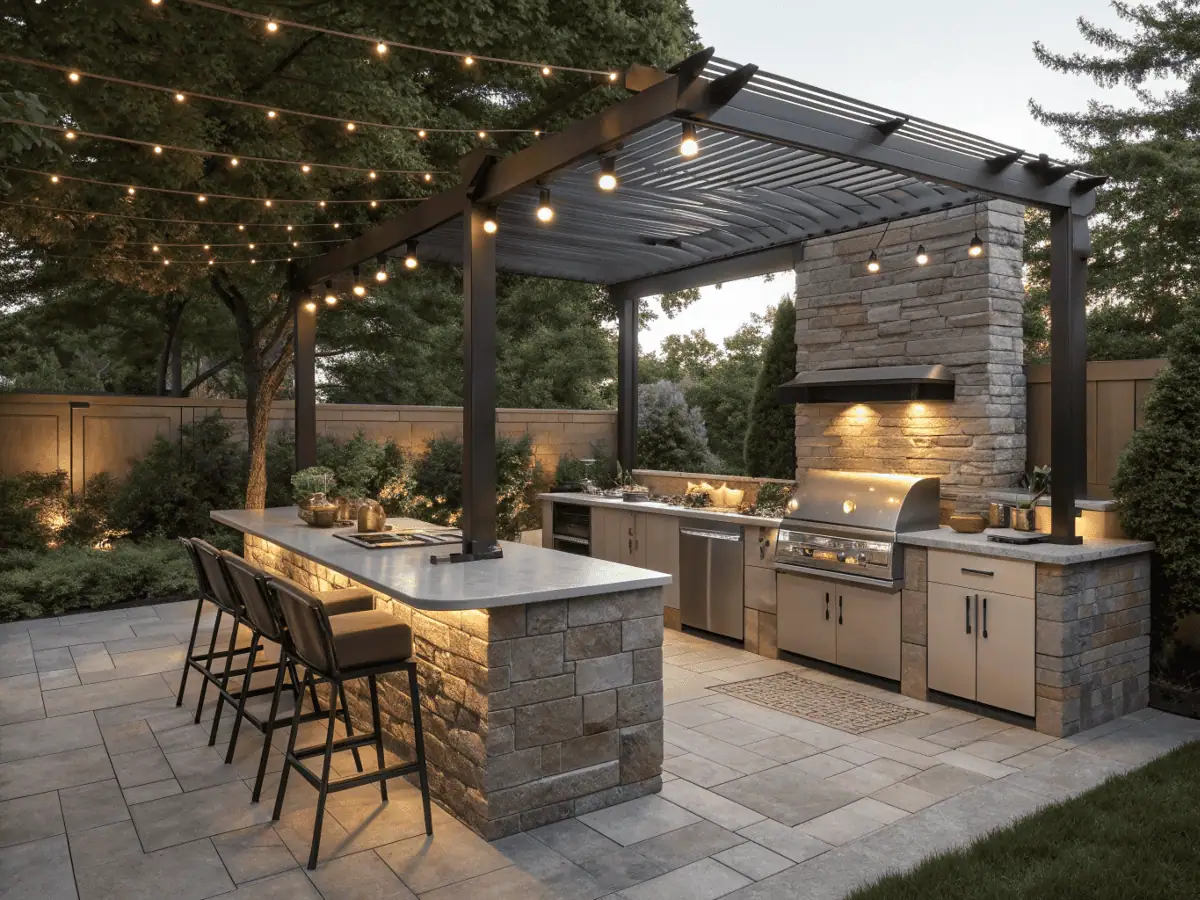 Modern backyard outdoor kitchen with grill island and bar seating under pergola lights.