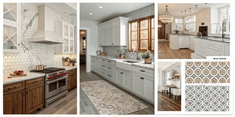 Collage of modern kitchen tile designs featuring marble, subway, mosaic, and patterned tiles with text overlay “Best Kitchen Tile Design Ideas to Transform Your Cooking Space.”