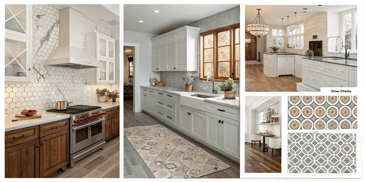 Collage of modern kitchen tile designs featuring marble, subway, mosaic, and patterned tiles with text overlay “Best Kitchen Tile Design Ideas to Transform Your Cooking Space.”