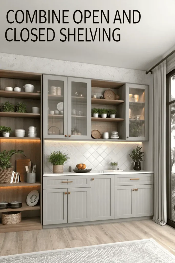 2026 modern kitchen remodel with open wooden shelves and closed cabinets blending style, storage, and organization.