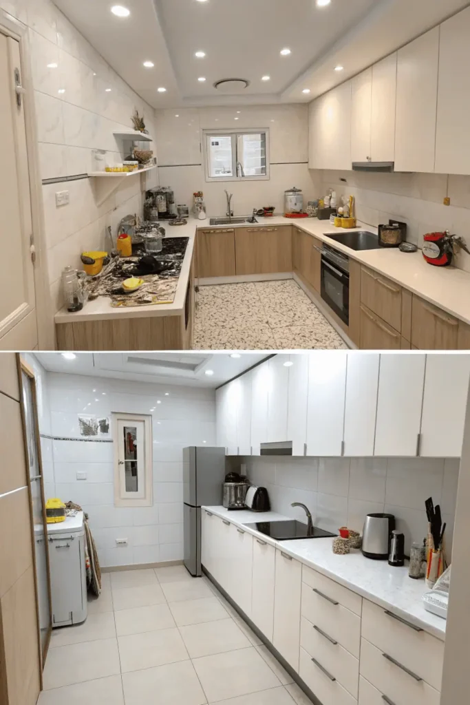 Before and after transformation of a tiny kitchen from cluttered to organized minimalist design.