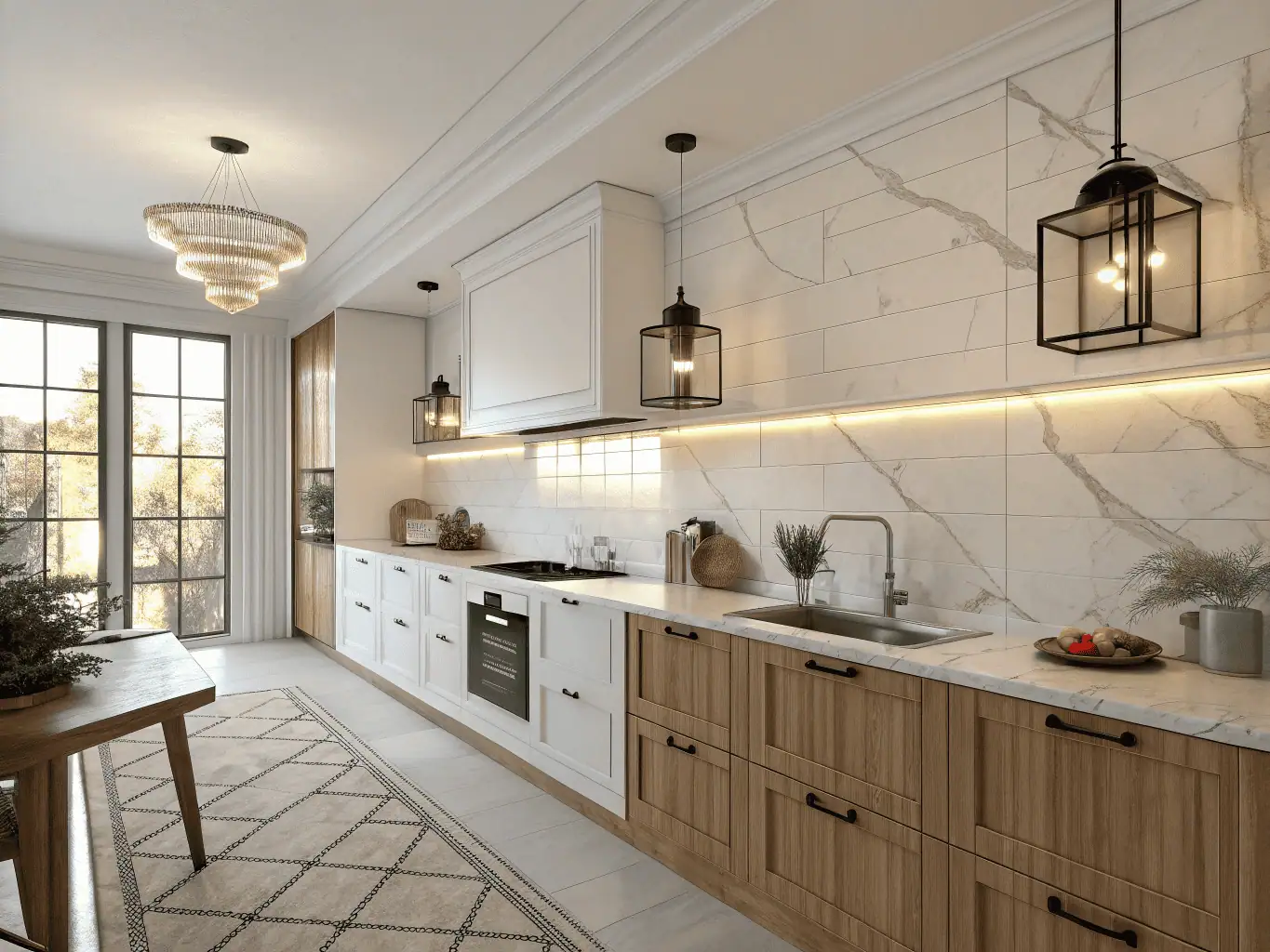 Bright modern kitchen with elegant wall sconces, pendant lights, and under-cabinet LEDs illuminating marble countertops and white cabinets for a warm and inviting ambiance.