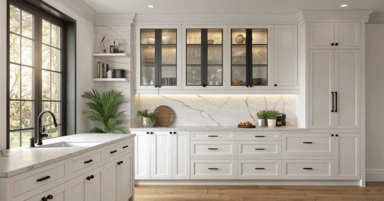 Modern kitchen cabinets with sleek white shaker doors, black hardware, and marble countertops showcasing trendy design ideas.