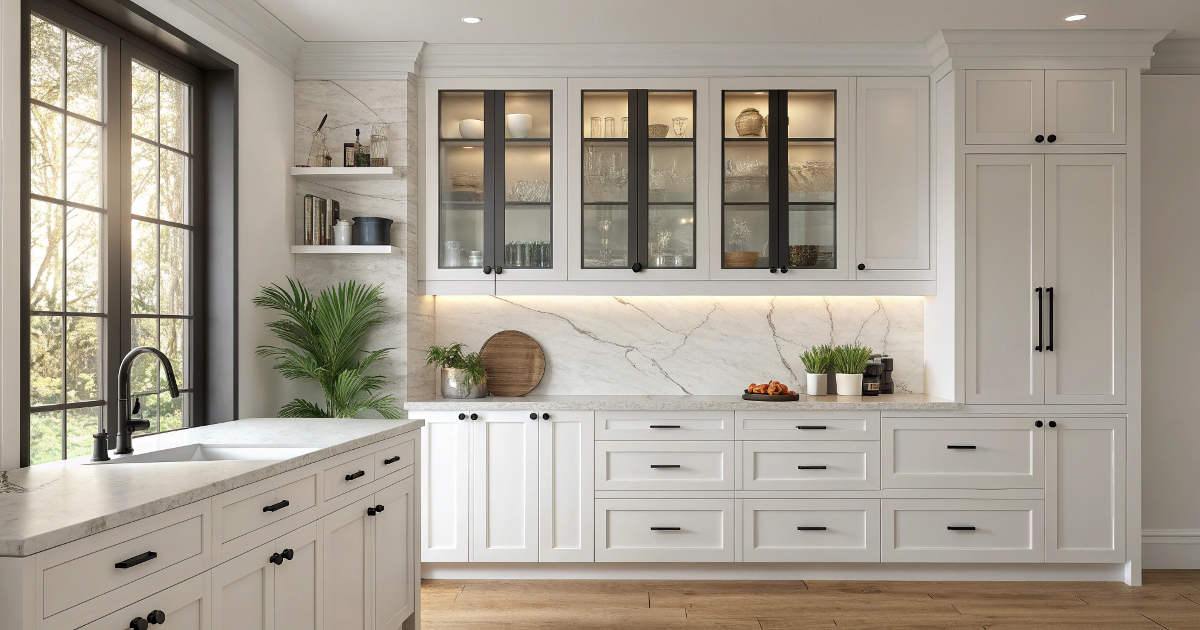 Modern kitchen cabinets with sleek white shaker doors, black hardware, and marble countertops showcasing trendy design ideas.
