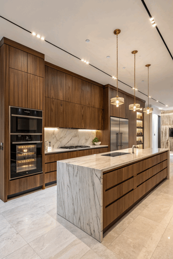Luxury kitchen with custom walnut cabinets, hidden storage, marble island, and integrated lighting for a bespoke design.