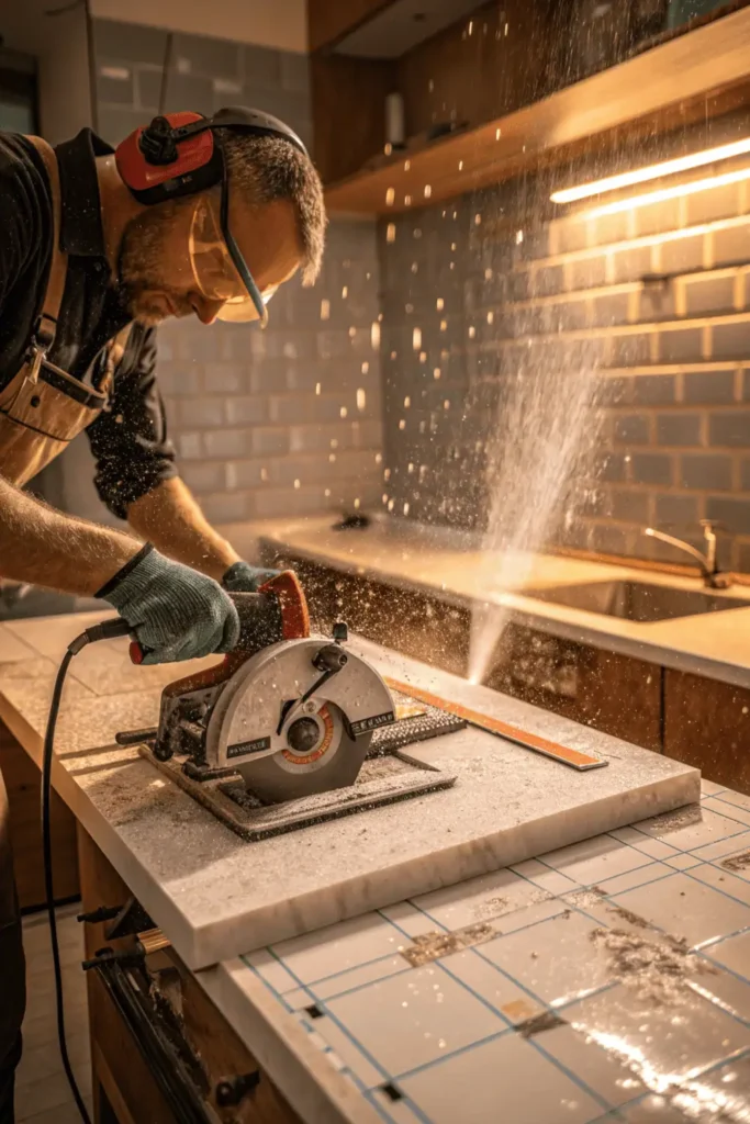 Worker cutting kitchen tile with a wet saw to fit wall edges, wearing gloves and aligning pieces for accurate placement and a smooth, finished kitchen look.