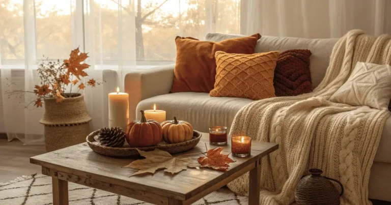 Warm autumn living room with cozy fall decor — beige sofa with velvet pillows, knitted throw, wooden coffee table with pumpkins and candles, and sunlight filtering through soft curtains, representing cozy fall decor ideas for the home.